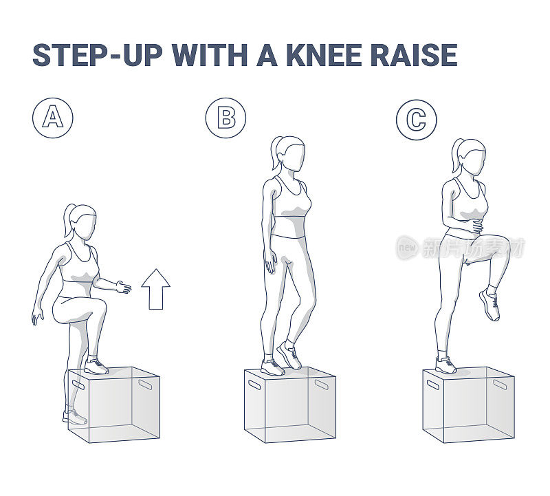 Step Up with a Knee Raise Exercise for Women Home Workout Guidance Outline Illustration